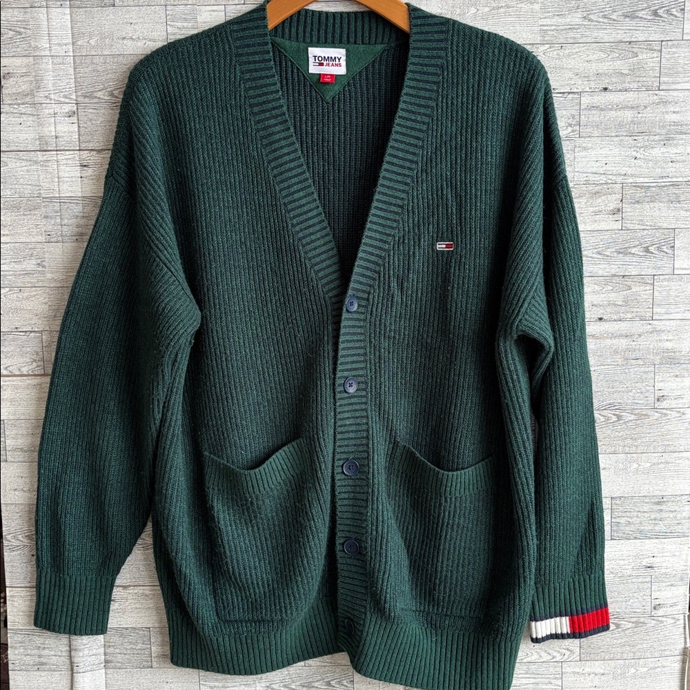 Green Cardigan‎ sweater Tommy Hilfiger women's large y2k Vintage preppy Ivy